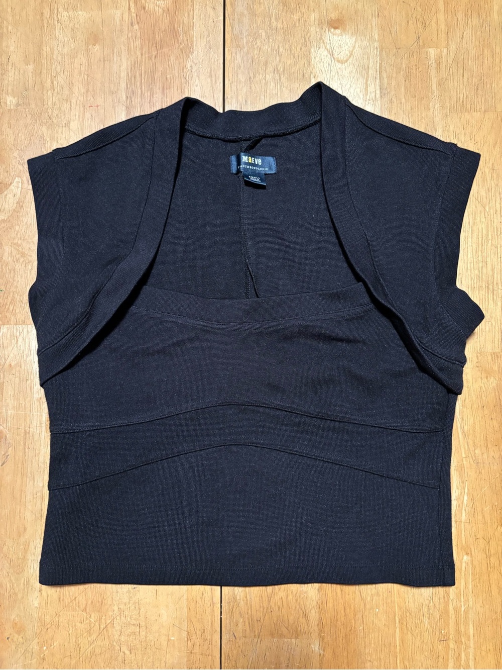 Maeve Anthropologie Black Women’s Cap-Sleeve Crop Top Square Neckline Stretch S